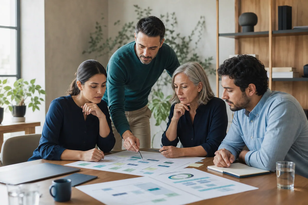 Equipa de gestão a trabalhar num plano de desenvolvimento organizacional